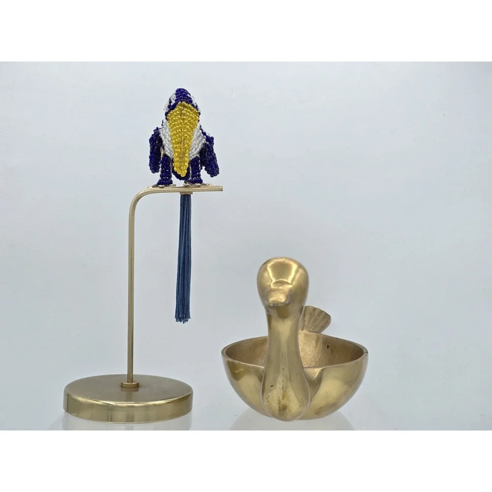2 Lot of Decorative Finely Beaded Tucan On Stand & Shiny Brass Duck Decor Bowl